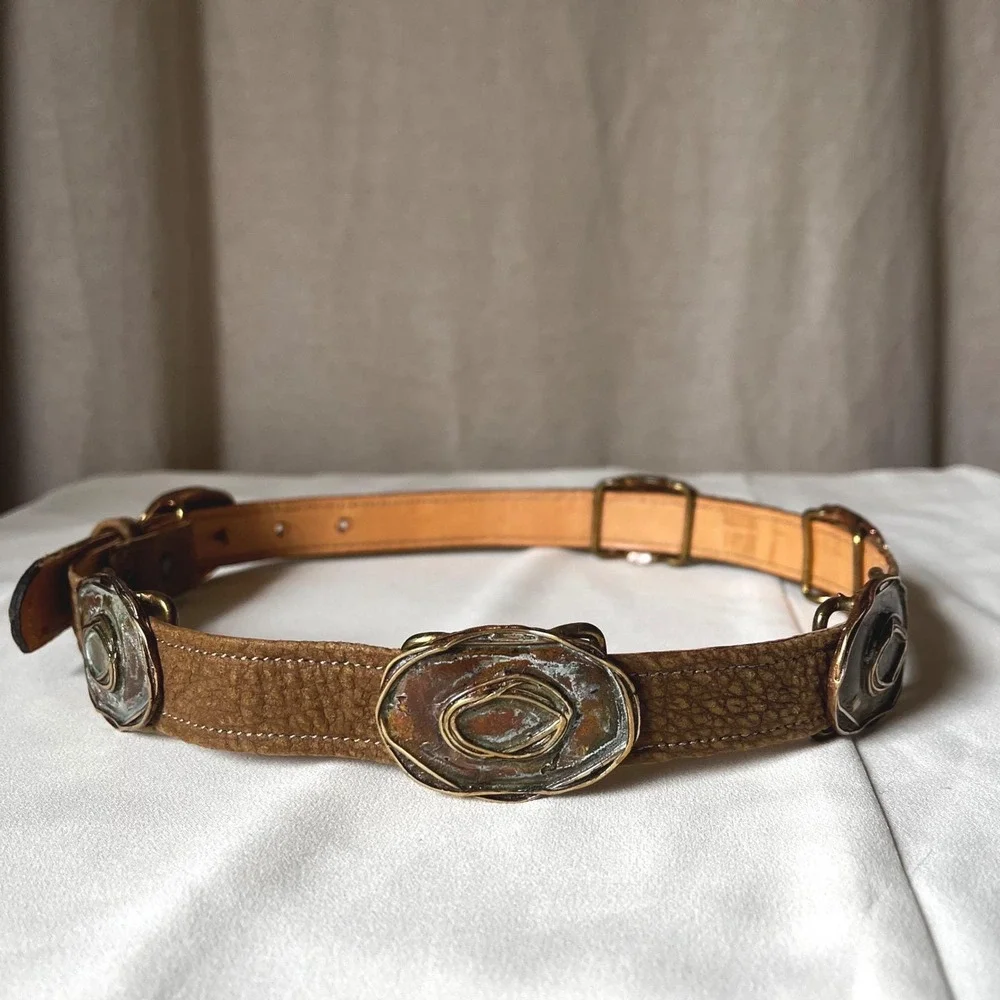 Elaine Coyne 1981 Signed Copper‎ Concho Leather Belt Adjustable 25-29